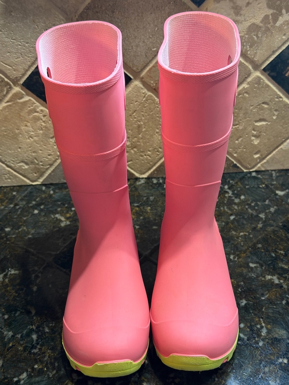 Barely worn Kids BOGS pink & green rainboots
